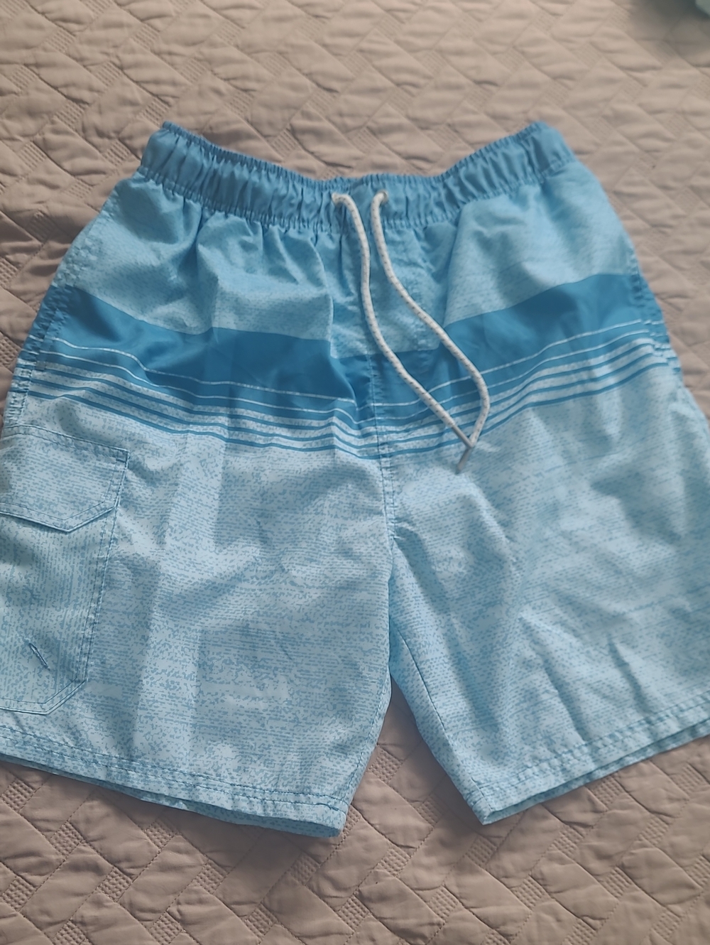 Men's Light Blue Striped Swim Trunks with Drawstring